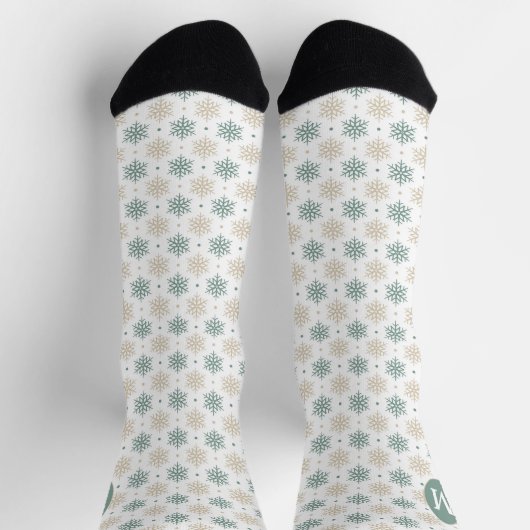 Monogram blauwgroen Gold Snowflake Pattern Sokken (Top)