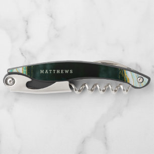 Monogram blauwgroen groen en goudgedag marmer Wedd Kurkentrekker