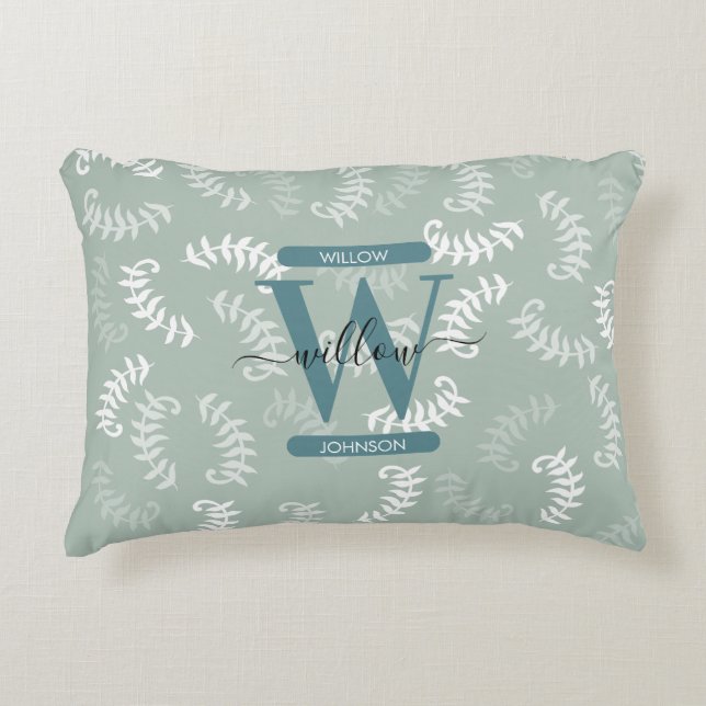 Monogram blauwgroen groene botanische bladeren accent kussen (Voorkant)