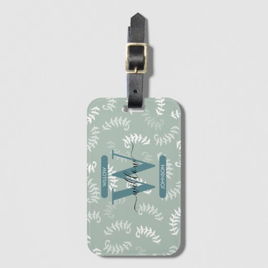 Monogram blauwgroen groene botanische bladeren bagagelabel (Voorkant (verticaal))