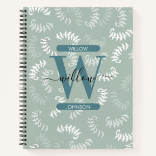 Monogram blauwgroen groene botanische bladeren notitieboek