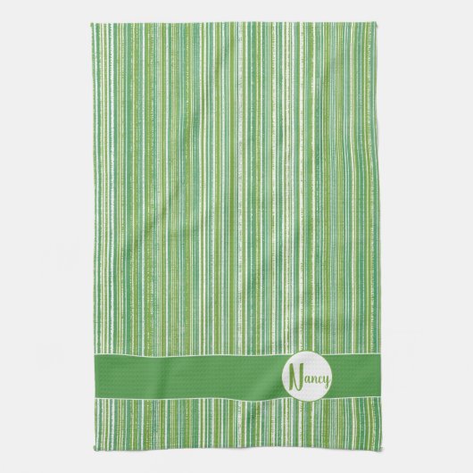 Monogram blauwgroen, Groene en Witte Stripes Theedoek (Verticaal)