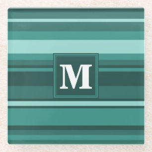 Monogram blauwgroen strepen glazen onderzetter