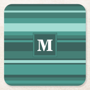 Monogram blauwgroen strepen vierkante kartonnen onderzetter
