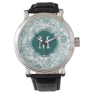 Monogram blauwgroen & wit bloempatroon horloge