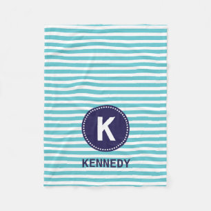 Monogram Blauwgroen Witte Stripes en Navy Blue Fleece Deken