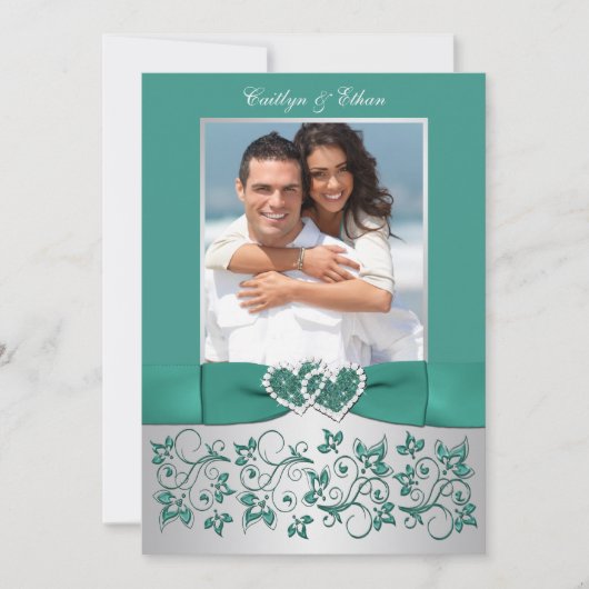 Monogram Blauwgroen, zilveren bloemige bruiloft ui Kaart (Voorkant)