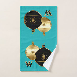 Monogram Blauwgroen Zwart en Goud Kerstmis Handdoe Handdoek