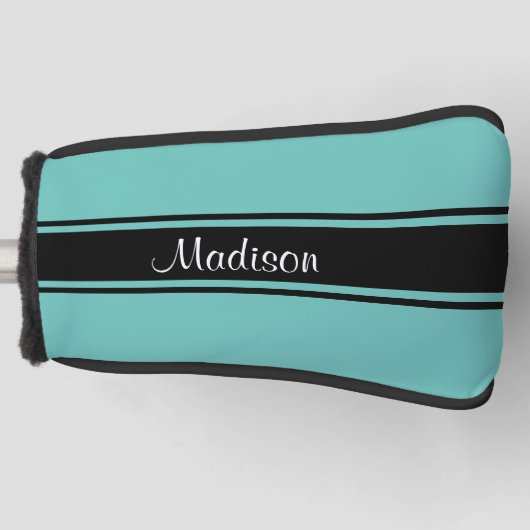 Monogram Blauwgroen zwarte Stripes Script Name Golfheadcover (Voorkant)