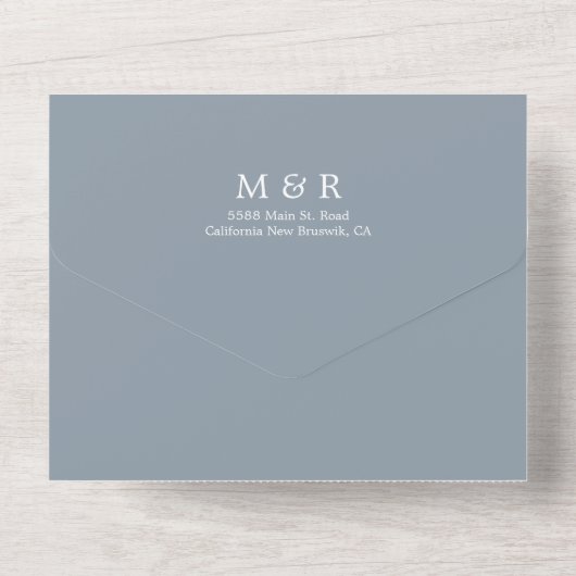 Monogram Bleek Blauw en witte bruiloft All In One Uitnodiging (Achterkant)
