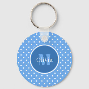 Monogram Bleke Blauwe en Witte Polka Dots Sleutelhanger