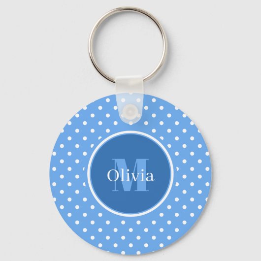 Monogram Bleke Blauwe en Witte Polka Dots Sleutelhanger (Voorkant)