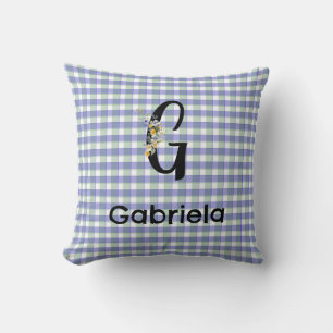 Monogram bloem gingham blauw groen patroon kussen
