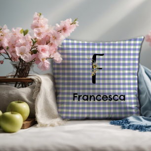 Monogram bloem gingham blauw groen patroon kussen