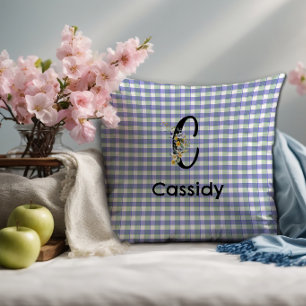 Monogram bloem gingham blauw groen patroon kussen