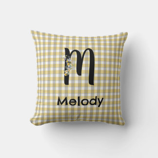 Monogram bloem gingham geel grijs patroon kussen