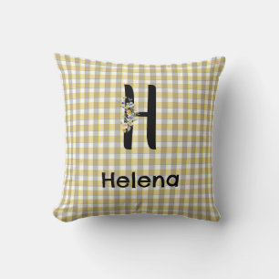 Monogram bloem gingham geel grijs patroon kussen