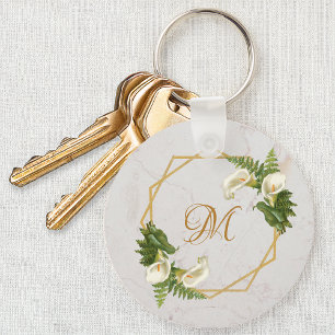 Monogram Bloem Gouden Marmeren Calla-lelies Initia Sleutelhanger