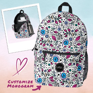 Monogram Bloem Patroon blauw Werveling Bes Wit - Bedrukte Rugzak