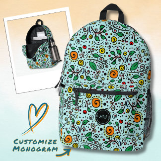 Monogram Bloem Patroon oranjeSwirlBes Turquoise Bedrukte Rugzak