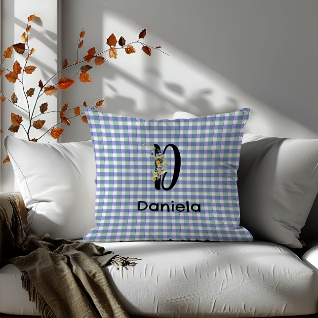 Monogram bloem retro gingham blauw groen kussen (Creator heeft geüpload)
