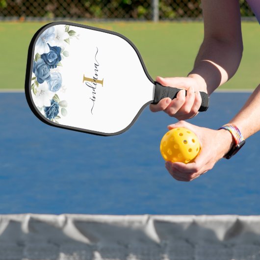 Monogram Bloem Stof Blauw Naam Initiaal Script Pickleball Paddle (Insitu)