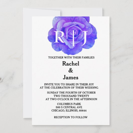 Monogram Bloemblauw Roos Bloemen Elegante bruiloft Kaart (Voorkant)