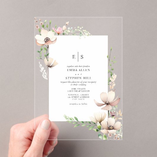 Monogram Bloemen Blush Off Witte Botanische Huweli Acryl Uitnodigingen (Insitu (Draagbaar))