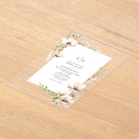 Monogram Bloemen Blush Off Witte Botanische Huweli Acryl Uitnodigingen (Laagn)