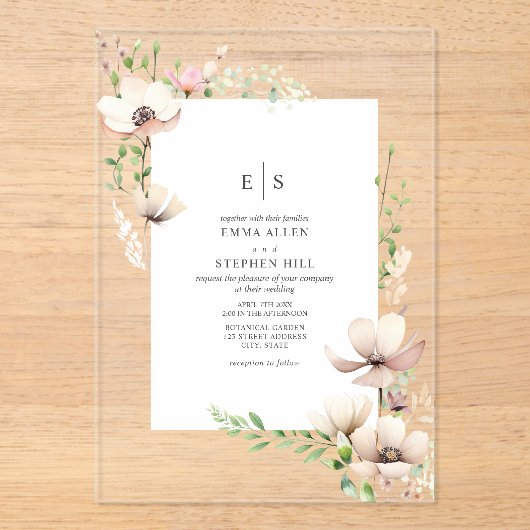 Monogram Bloemen Blush Off Witte Botanische Huweli Acryl Uitnodigingen (Voorkant)