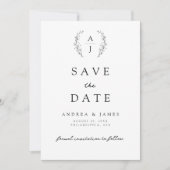 Monogram Bloemen Crest Zwart & Wit Bruiloft Save The Date (Voorkant)