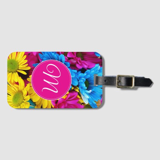 Monogram bloemen in fluorescentiekleuren bagagelabel (Voorkant (horizontaal))