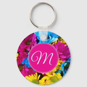 Monogram bloemen in fluorescentiekleuren sleutelhanger
