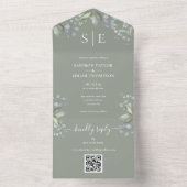 Monogram Bloemen QR Code Sage Groene Bruiloft All In One Uitnodiging (Binnen)