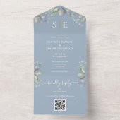 Monogram Bloemen QR Code Stoffig Blauw Bruiloft All In One Uitnodiging (Binnen)