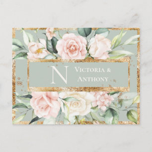 Monogram Bloemen Roze Goud Waterverf Bedankt Briefkaart