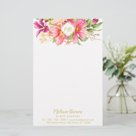 monogram bloemen Roze Paarse banketbakkerij Briefpapier (Staand voorkant)