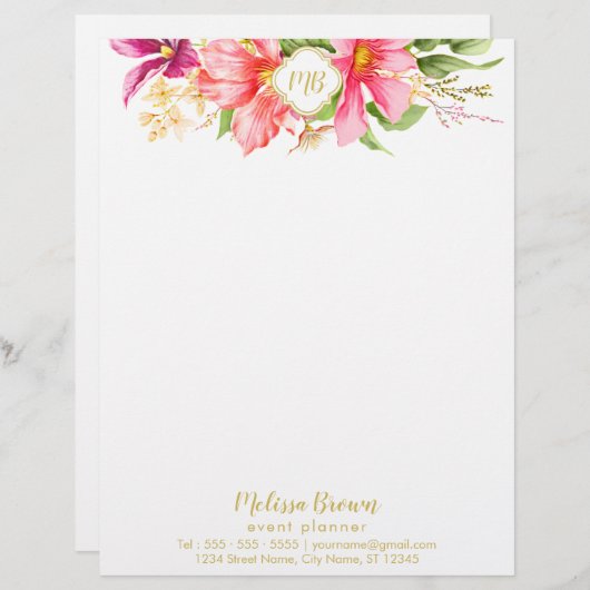 Monogram bloemen Roze pastel Letterhead Briefhoofd Sjabloon (Voorkant / Achterkant)