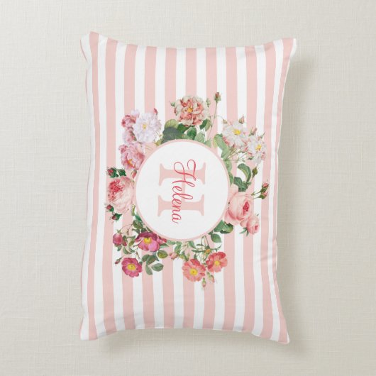 Monogram bloemen Roze Stripes Accent Kussen (Achterkant (Verticaal))