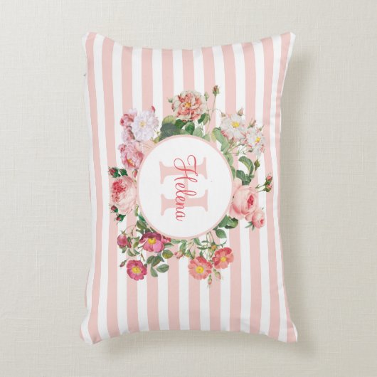 Monogram bloemen Roze Stripes Accent Kussen (Voorkant(Verticaal))