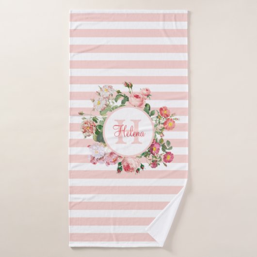 Monogram bloemen Roze Stripes Badhanddoek (Badhanddoek)