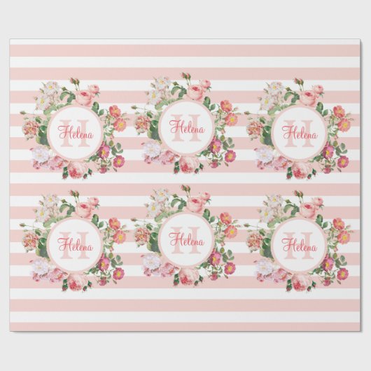 Monogram bloemen Roze Stripes Cadeaupapier (Vlak)