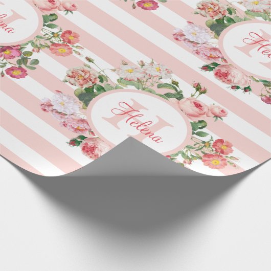 Monogram bloemen Roze Stripes Cadeaupapier (Hoek)