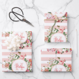 Monogram bloemen Roze Stripes Inpakpapier Vel