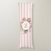 Monogram bloemen Roze Stripes Lichaamskussen (Voorkant Verticaal)
