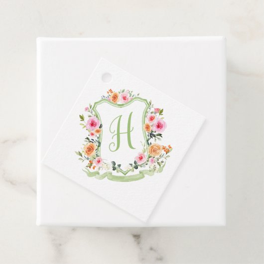 Monogram Bloemen Waterverf Crest, groen & roze Bedankjes Labels (In situ)