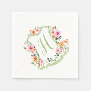 Monogram Bloemen Waterverf Crest, groen & roze Servet