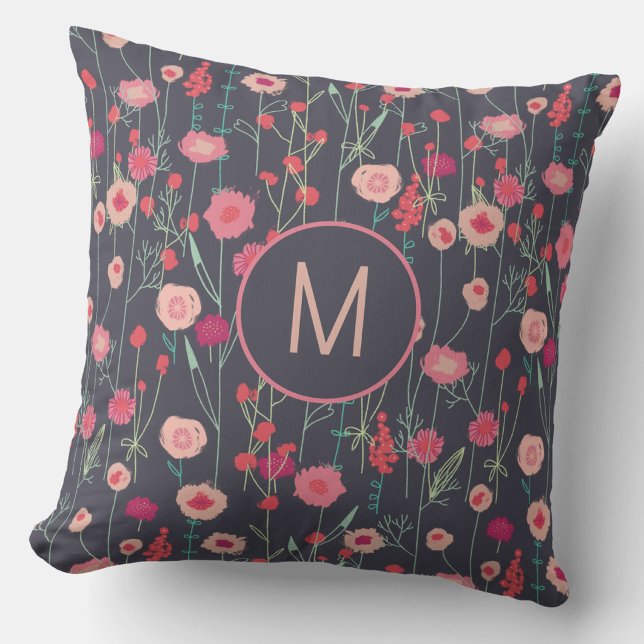 Monogram Bloemendesign Donker Kussen (Monogram initial personalized dark floral wildflower throw pillow)