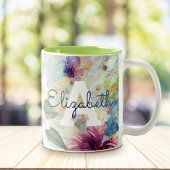 Monogram  bloemengroen waterverf script tweekleurige koffiemok