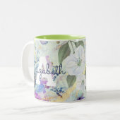 Monogram  bloemengroen waterverf script tweekleurige koffiemok (Voorkant links)